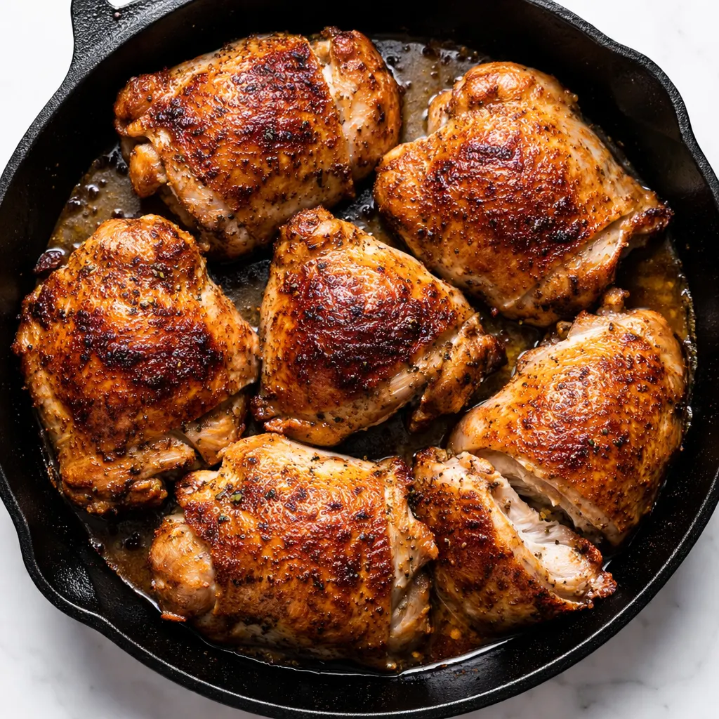 Crispy golden-brown chicken thighs in a one-pan braise with peppers and garlic, showing the dish's signature crispy texture.