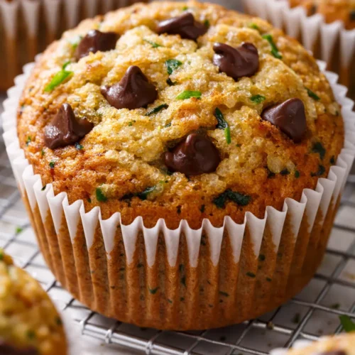 Moist chocolate chip zucchini muffins with tender crumb and melty chocolate chips, fresh from the oven.