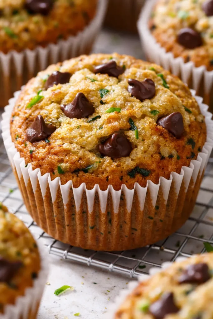 Moist chocolate chip zucchini muffins with tender crumb and melty chocolate chips, fresh from the oven.