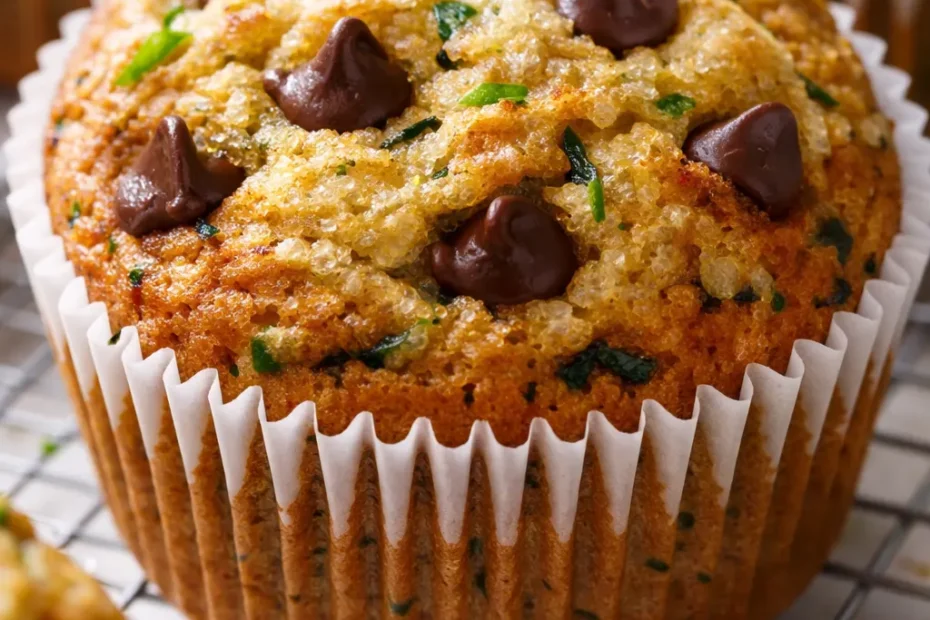 Moist chocolate chip zucchini muffins with tender crumb and melty chocolate chips, fresh from the oven.