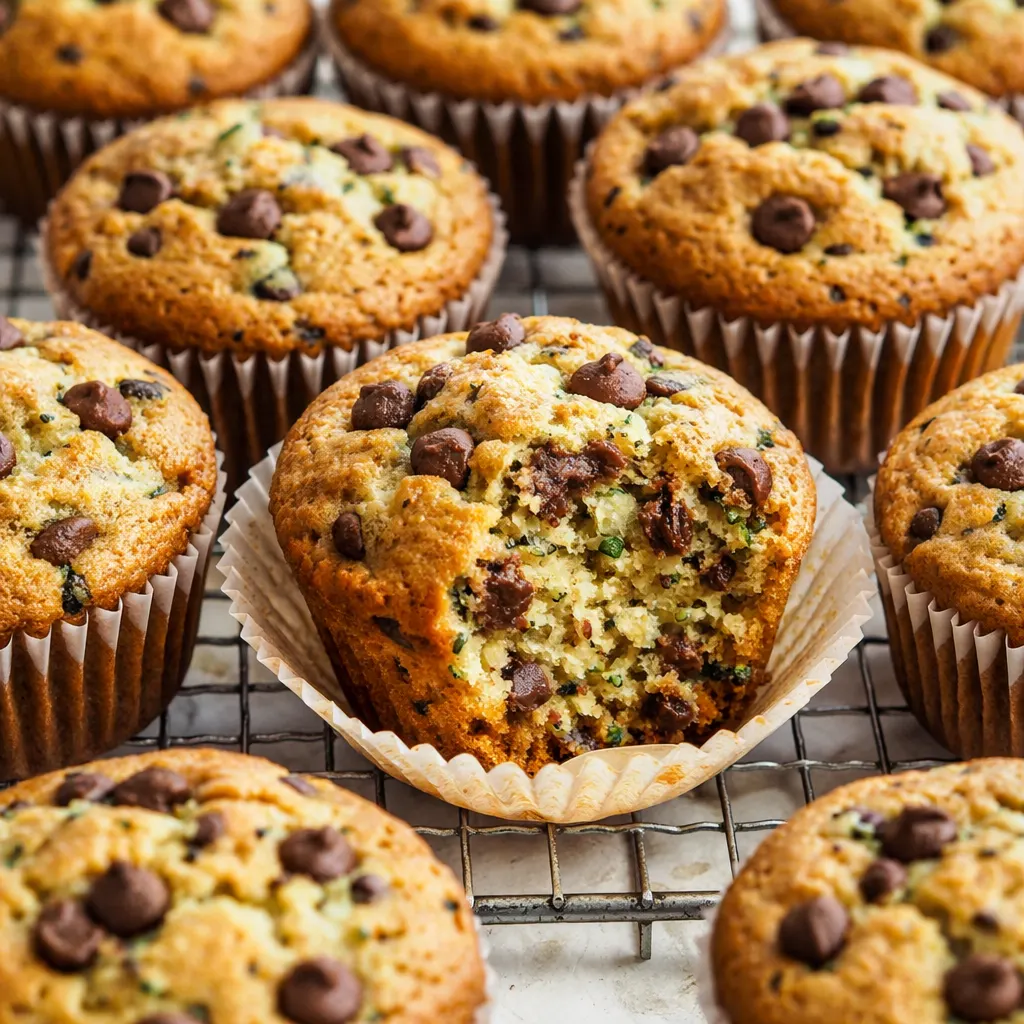 Mixing bowl of thick, moist chocolate chip zucchini muffin batter with green zucchini shreds and dark chocolate chips