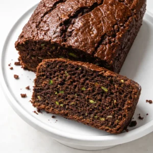 Moist chocolate zucchini cake slice with a fudgy crumb and a dusting of powdered sugar on a white plate.