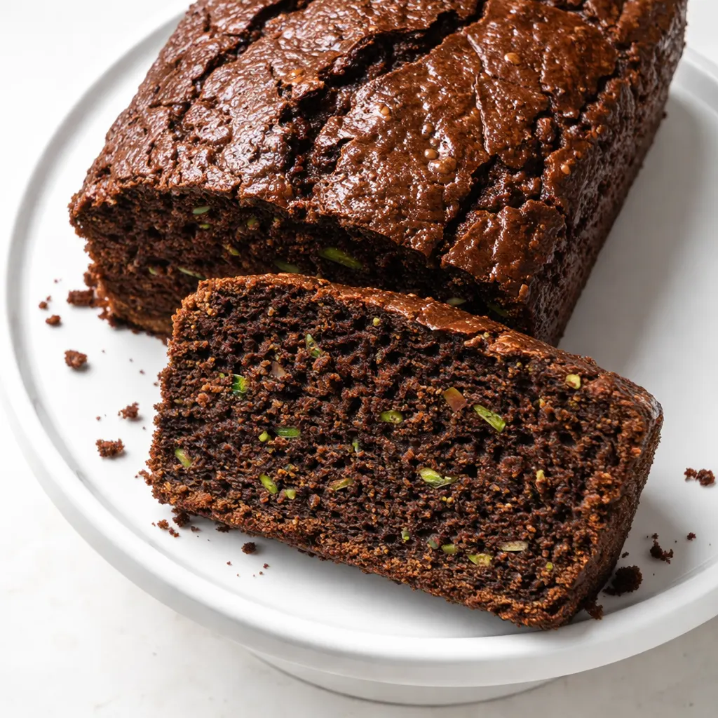 Moist chocolate zucchini cake slice with a fudgy crumb and a dusting of powdered sugar on a white plate.