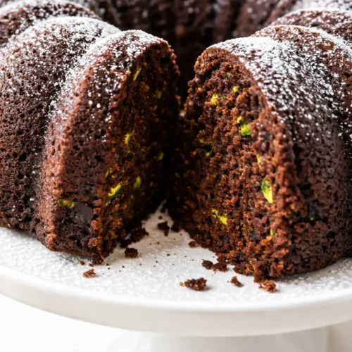Rich, fudgy chocolate zucchini cake slice on a plate, topped with chocolate frosting, with visible zucchini shreds adding moisture.