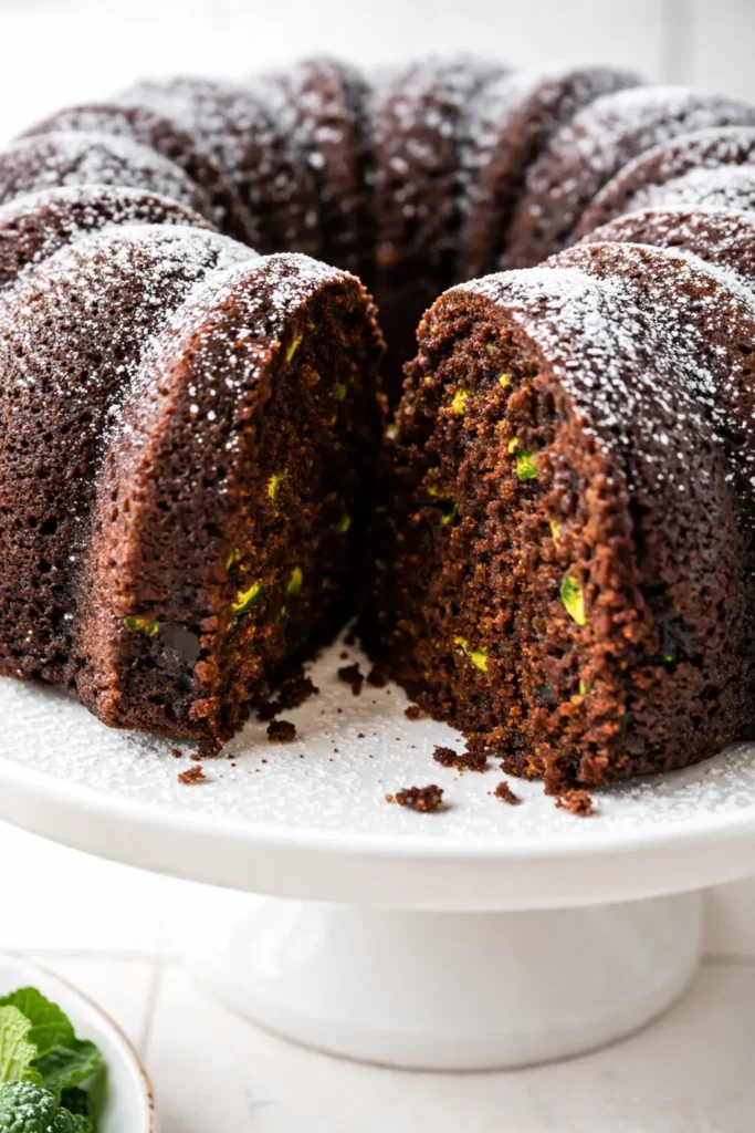 Rich, fudgy chocolate zucchini cake slice on a plate, topped with chocolate frosting, with visible zucchini shreds adding moisture.
