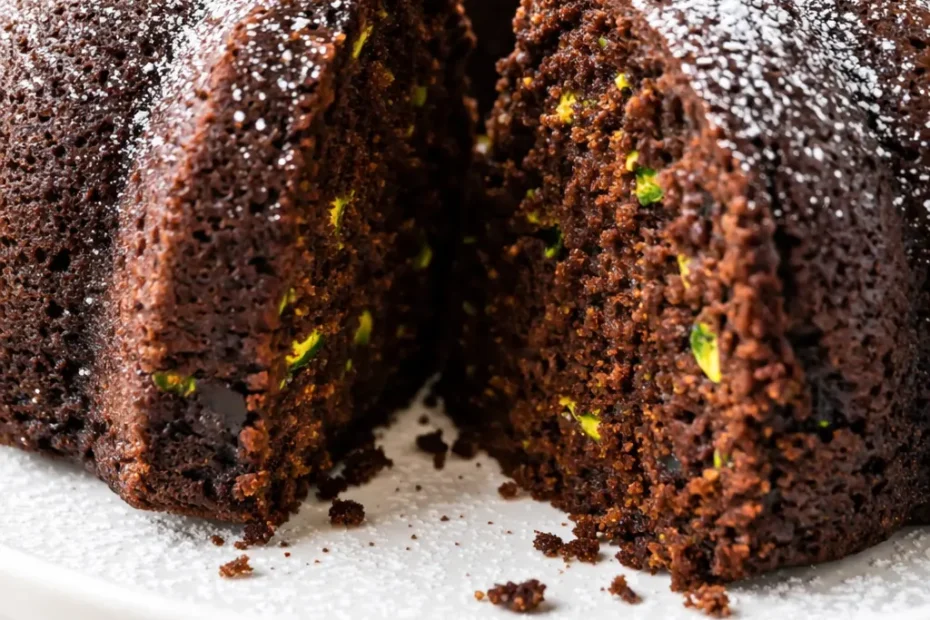 Rich, fudgy chocolate zucchini cake slice on a plate, topped with chocolate frosting, with visible zucchini shreds adding moisture.