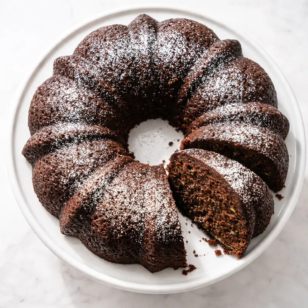Rich chocolate batter with shredded zucchini being folded in, creating a fudgy texture for chocolate zucchini cake.