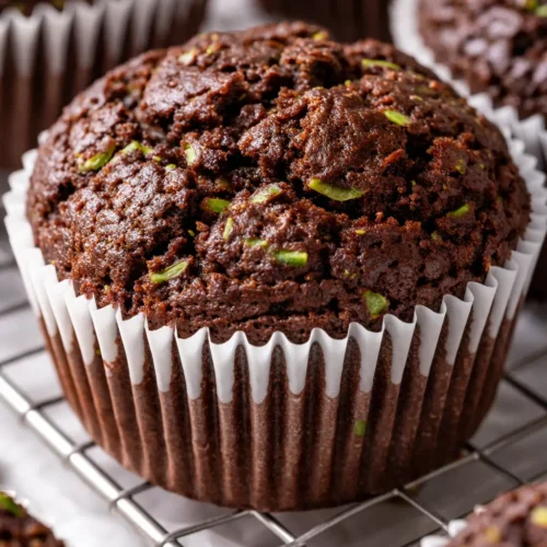Moist, dark chocolate zucchini muffins with visible zucchini specks and a tender crumb, topped with chocolate chips, on a rustic plate.