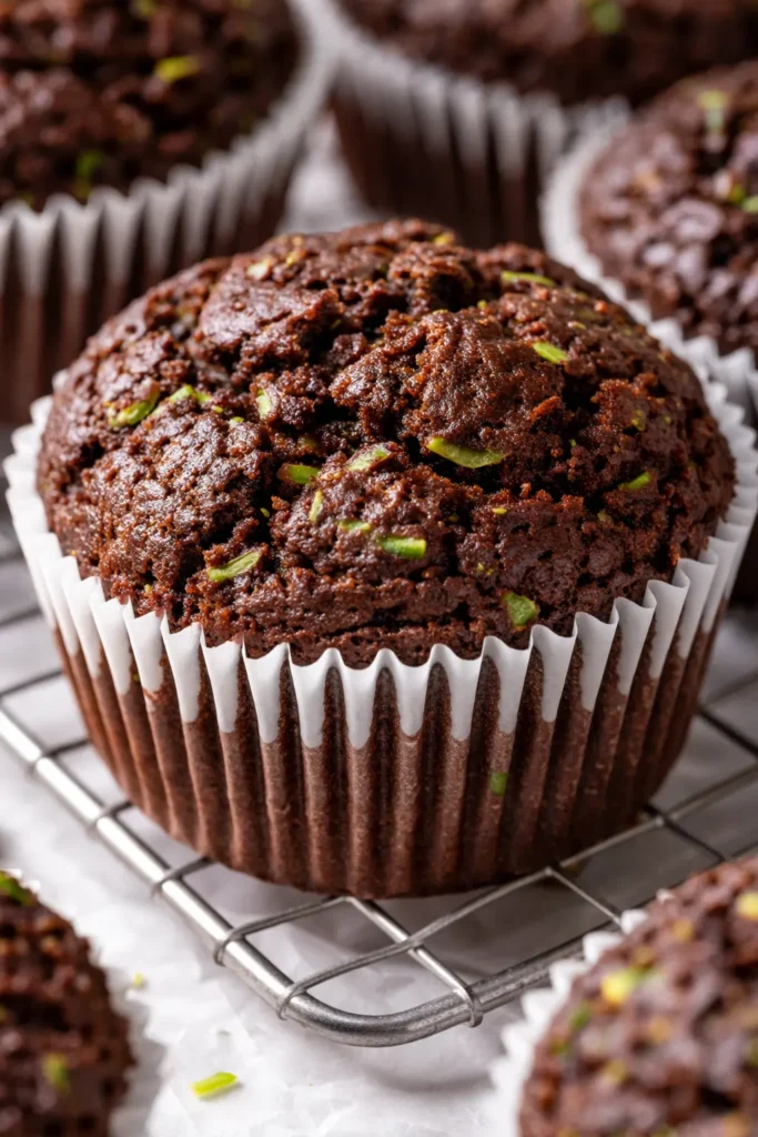 Moist, dark chocolate zucchini muffins with visible zucchini specks and a tender crumb, topped with chocolate chips, on a rustic plate.