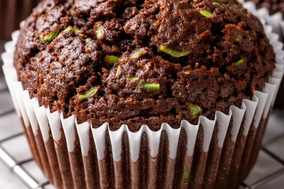 Moist, dark chocolate zucchini muffins with visible zucchini specks and a tender crumb, topped with chocolate chips, on a rustic plate.