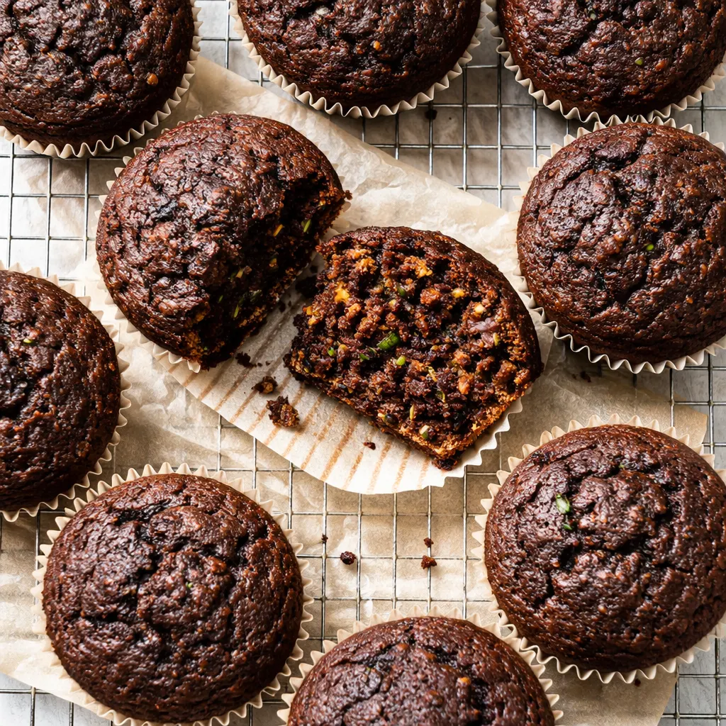 Shredded zucchini being folded into rich chocolate muffin batter, ensuring moisture without sogginess.