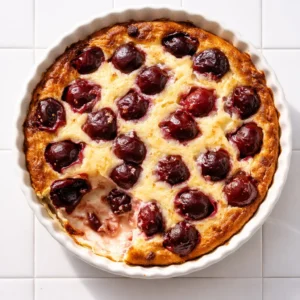 Pouring silky custard batter over fresh cherries in a buttered baking dish for classic cherry clafoutis