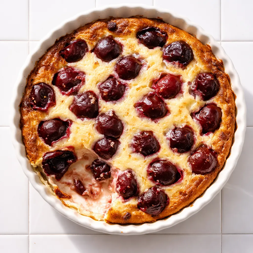 Pouring silky custard batter over fresh cherries in a buttered baking dish for classic cherry clafoutis