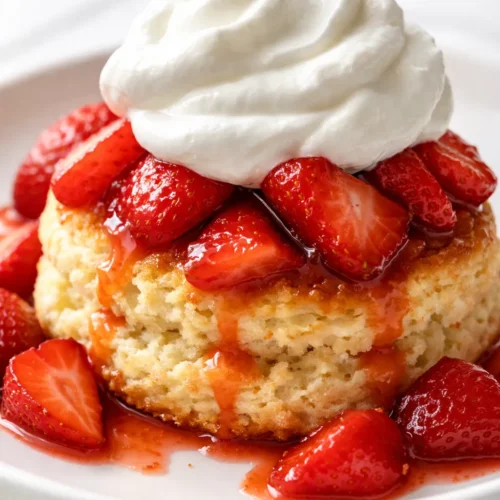 Fluffy classic strawberry shortcake with tender buttermilk biscuits, fresh strawberries, and whipped cream, golden brown and juicy.