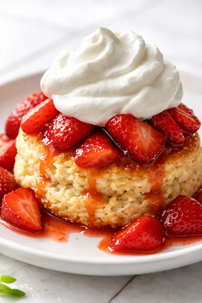 Fluffy classic strawberry shortcake with tender buttermilk biscuits, fresh strawberries, and whipped cream, golden brown and juicy.