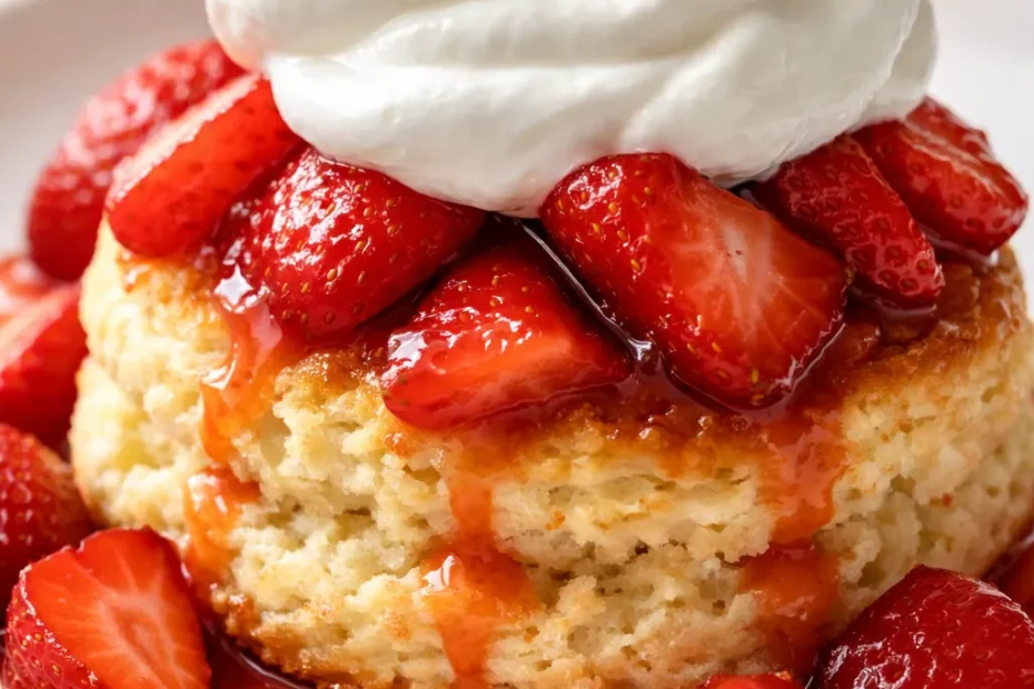 Fluffy classic strawberry shortcake with tender buttermilk biscuits, fresh strawberries, and whipped cream, golden brown and juicy.