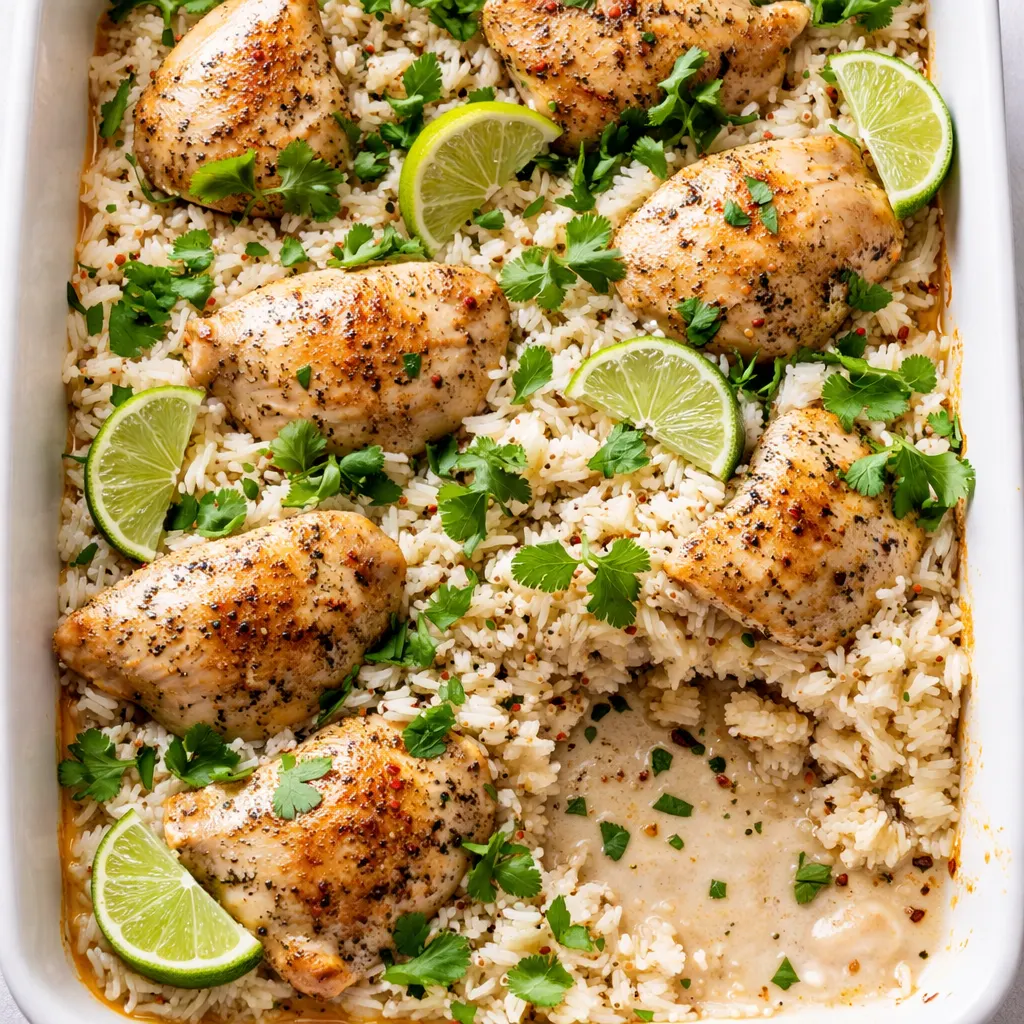 Coconut lime chicken and rice with golden brown chicken thighs, creamy white sauce, and fresh cilantro garnish on top.