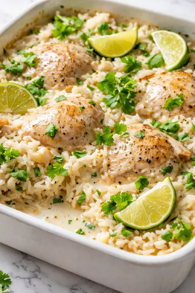 Golden brown coconut lime chicken thighs atop creamy white rice, garnished with fresh cilantro and lime wedges, with a slightly charred edge.
