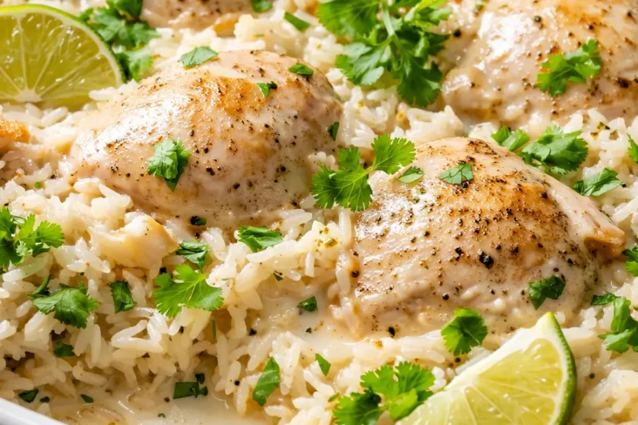 Golden brown coconut lime chicken thighs atop creamy white rice, garnished with fresh cilantro and lime wedges, with a slightly charred edge.