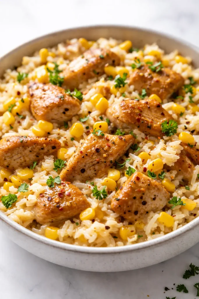 Creamy corn chicken rice bowls with smoky chicken, sweet corn, and tender rice in a single skillet, topped with fresh herbs.
