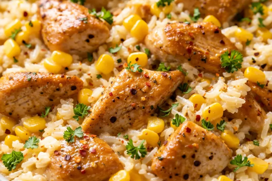 Creamy corn chicken rice bowls with smoky chicken, sweet corn, and tender rice in a single skillet, topped with fresh herbs.