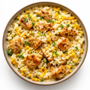 Creamy corn and chicken rice bowls simmering in a skillet with smoky seasonings, golden corn kernels, and tender chicken pieces.