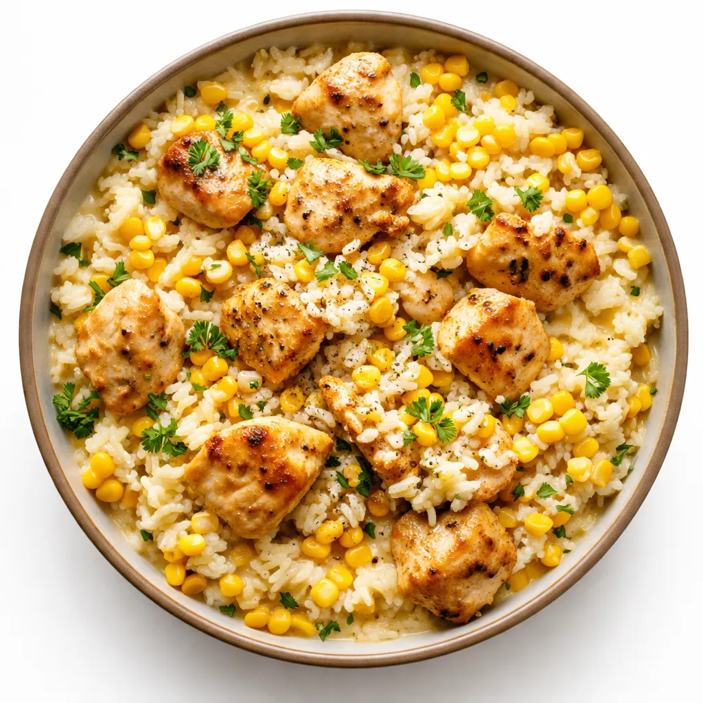 Creamy corn and chicken rice bowls simmering in a skillet with smoky seasonings, golden corn kernels, and tender chicken pieces.