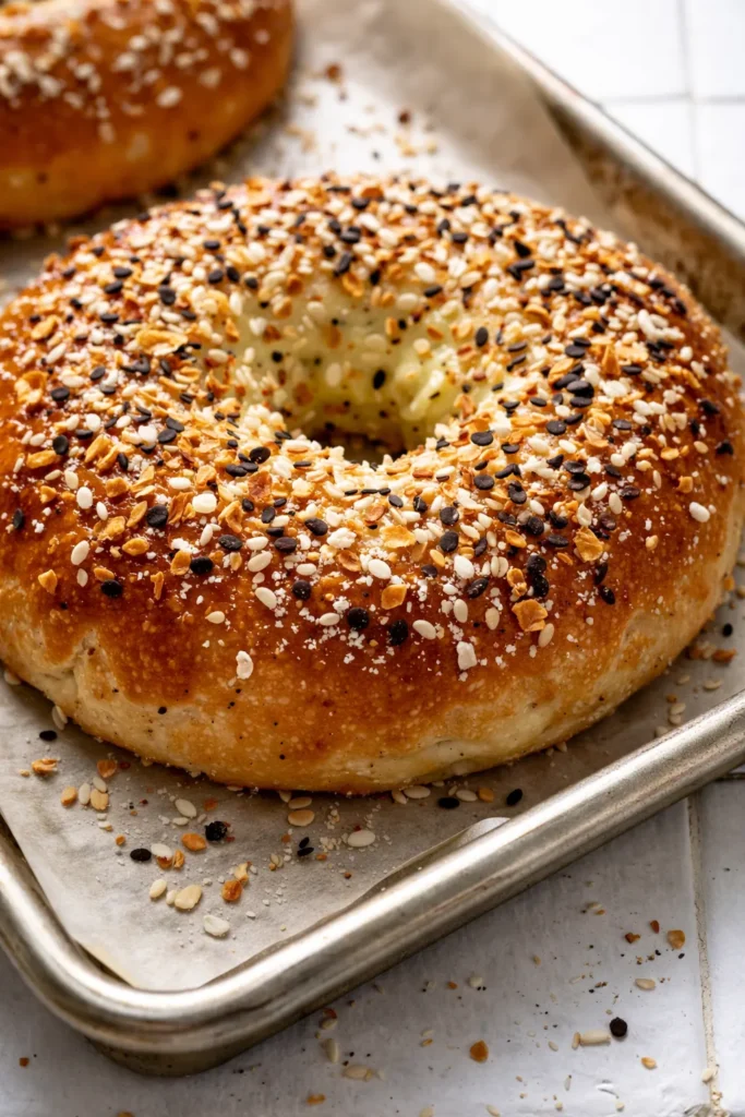 Golden brown cottage cheese flagels with a soft, chewy texture, topped with sesame seeds and poppy seeds.
