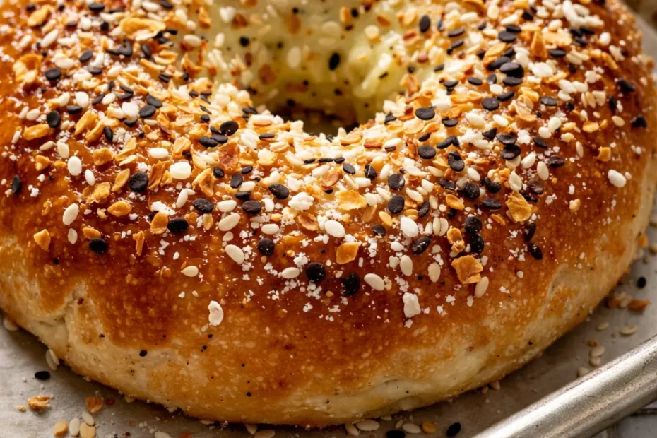 Golden brown cottage cheese flagels with a soft, chewy texture, topped with sesame seeds and poppy seeds.