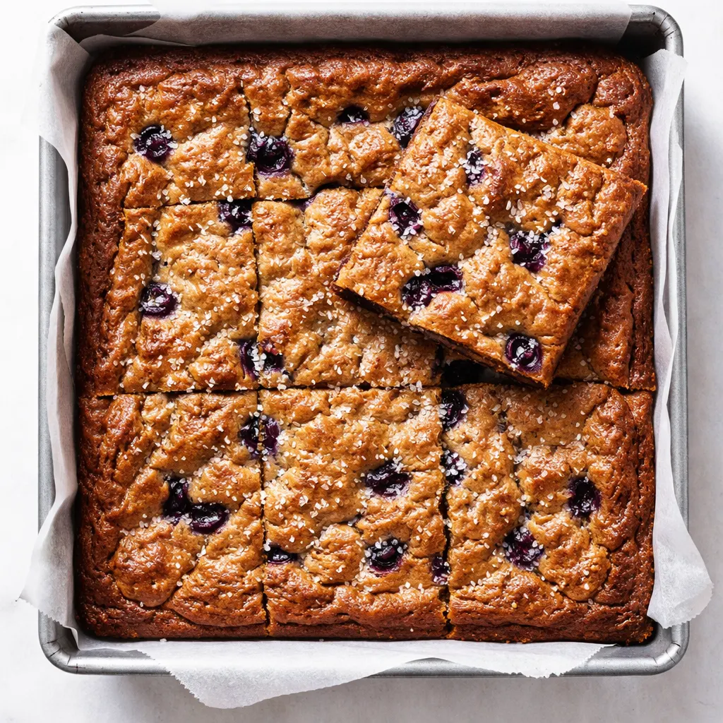 Freshly baked blueberry blondies on a cooling rack, golden brown with melted butter and juicy blueberry bursts, gooey center