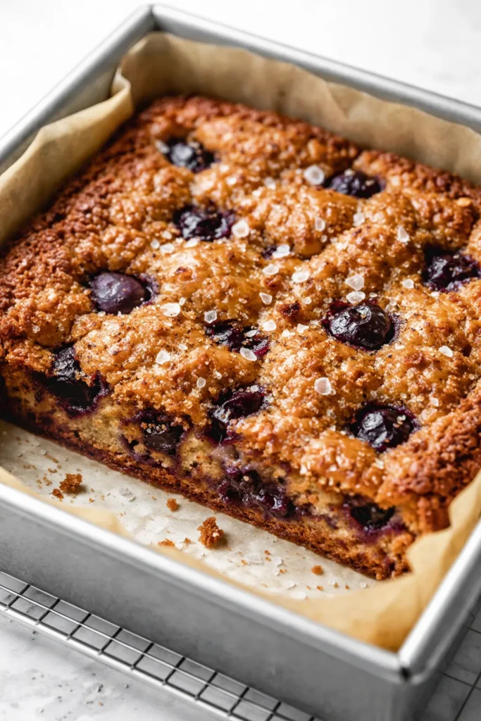 Freshly baked cozy blueberry blondies, golden edges, soft center with juicy blueberries, on a rustic plate.