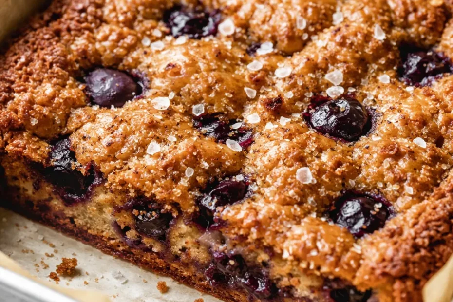 Freshly baked cozy blueberry blondies, golden edges, soft center with juicy blueberries, on a rustic plate.