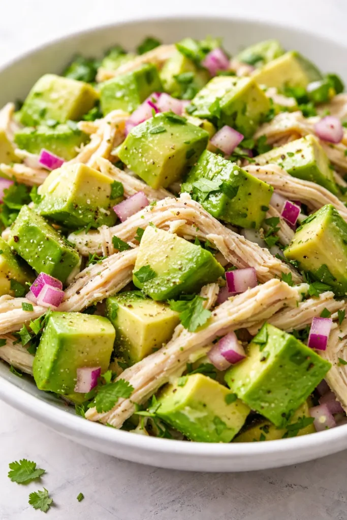 Creamy avocado chicken salad with tender chicken pieces, ripe avocado chunks, and crunchy celery in a bowl, sprinkled with parsley.