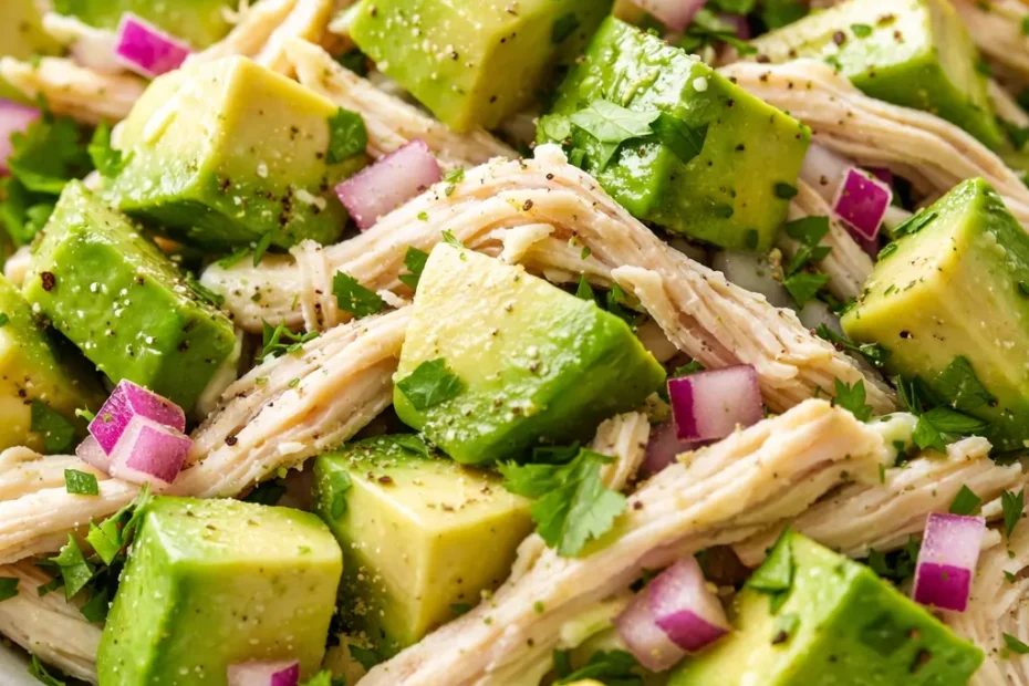 Creamy avocado chicken salad with tender chicken pieces, ripe avocado chunks, and crunchy celery in a bowl, sprinkled with parsley.
