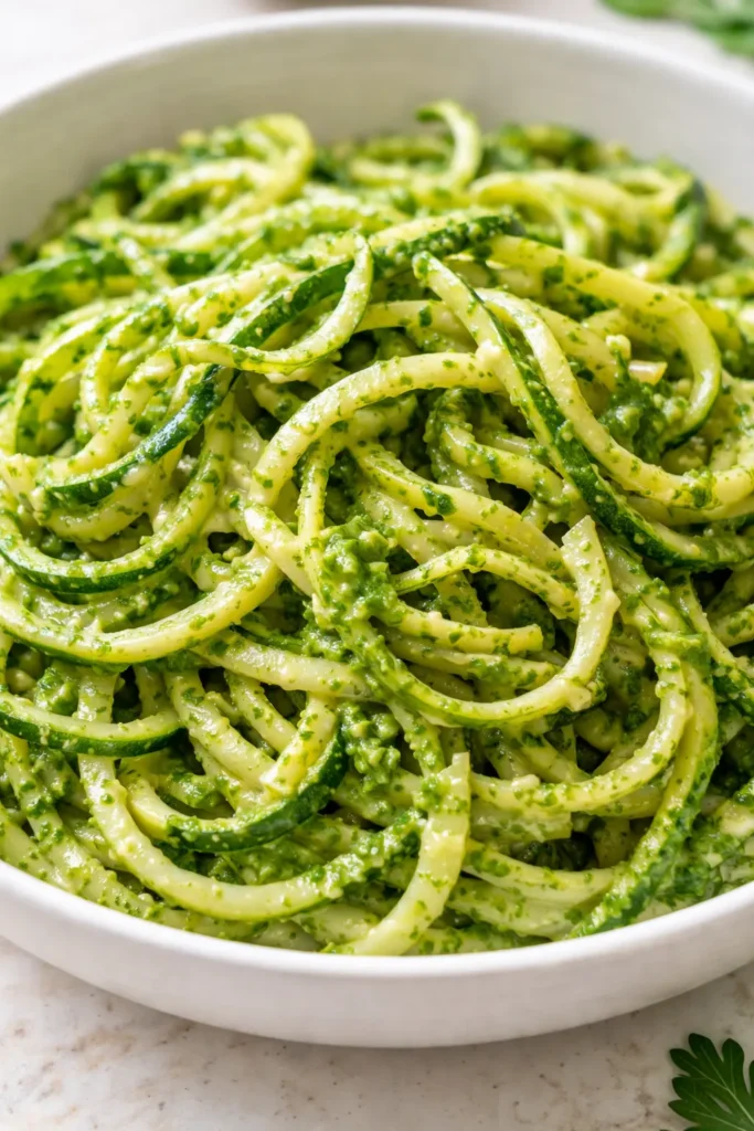 Creamy avocado pesto generously coats bright green spiralized zucchini noodles, garnished with cherry tomatoes and fresh basil leaves.