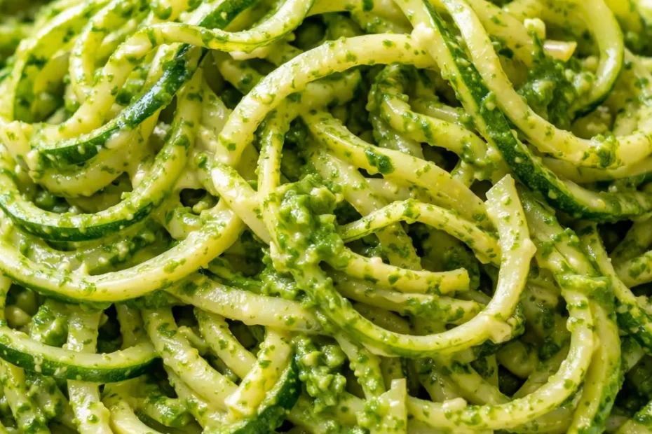 Creamy avocado pesto generously coats bright green spiralized zucchini noodles, garnished with cherry tomatoes and fresh basil leaves.