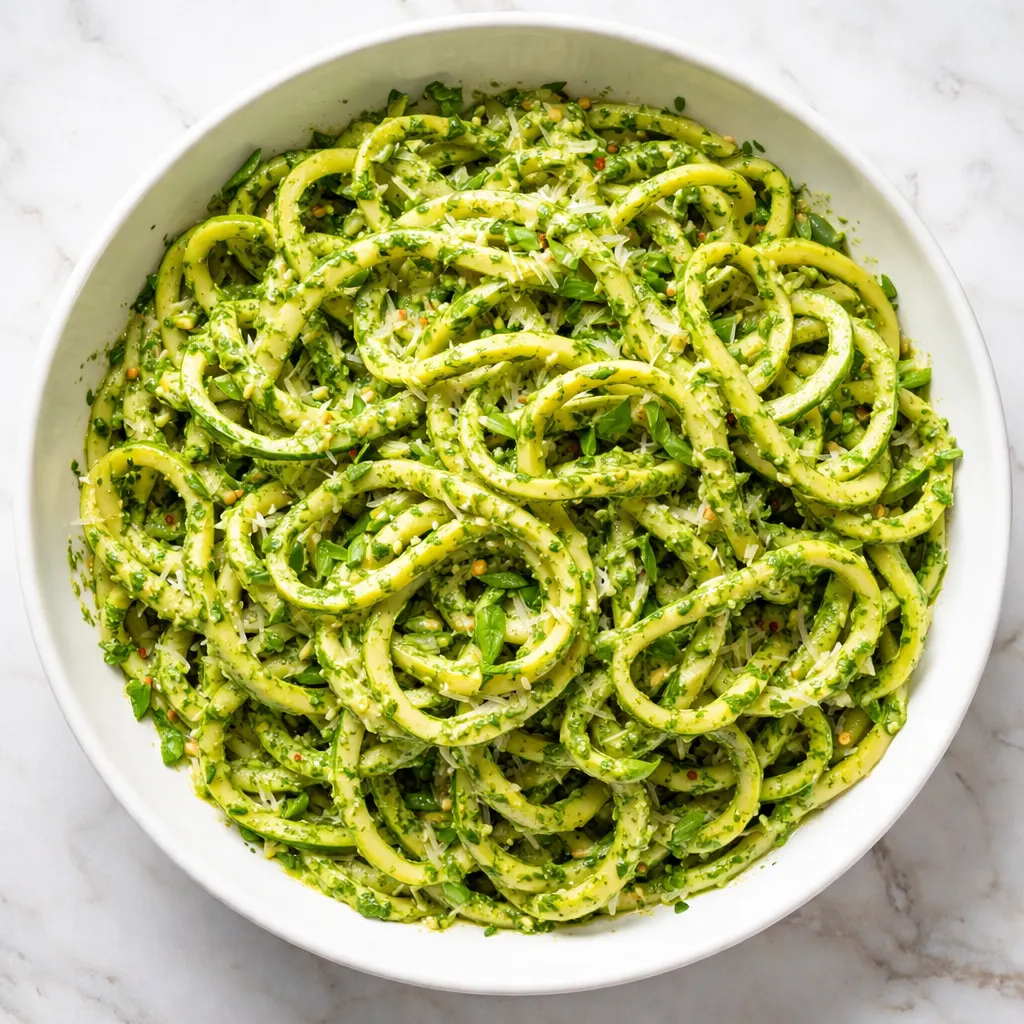 Spiralized zucchini noodles being tossed with creamy green avocado pesto sauce in a large bowl.