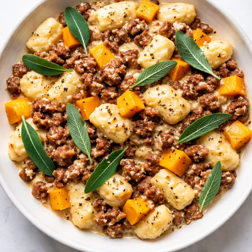 Browning Italian sausage in a skillet for creamy butternut squash gnocchi, golden crumbles and sizzling juices.