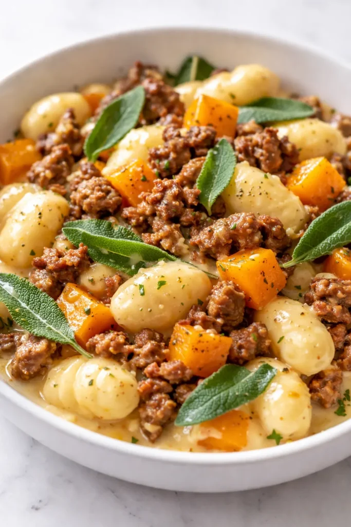 Creamy butternut squash gnocchi with sausage in a rich, velvety sauce, topped with crispy sage and Parmesan, with golden chunks of squash.