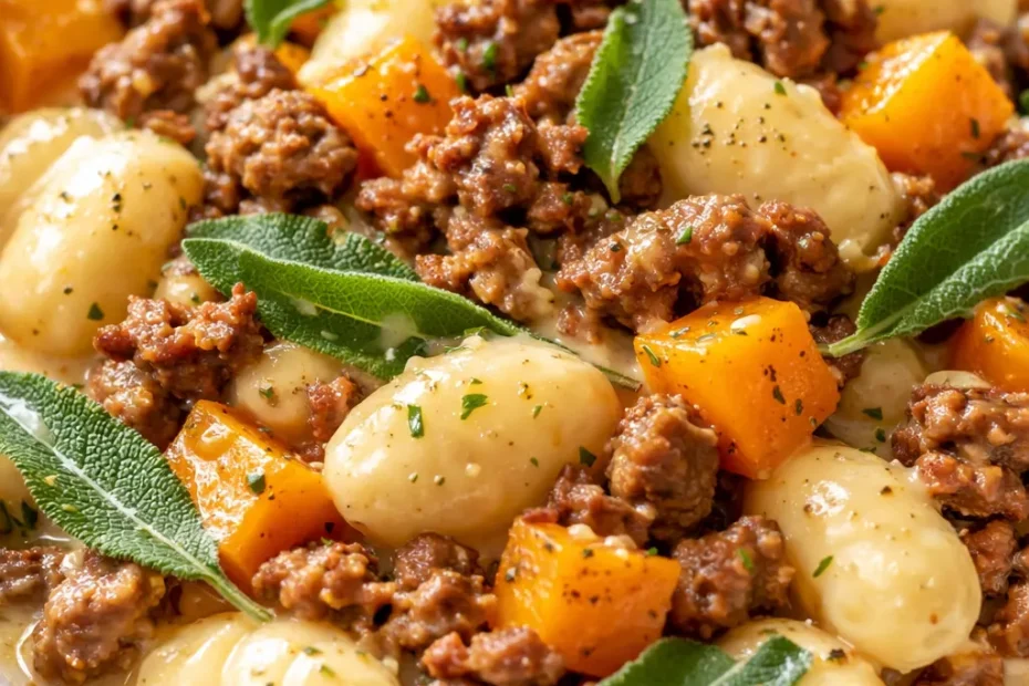 Creamy butternut squash gnocchi with sausage in a rich, velvety sauce, topped with crispy sage and Parmesan, with golden chunks of squash.