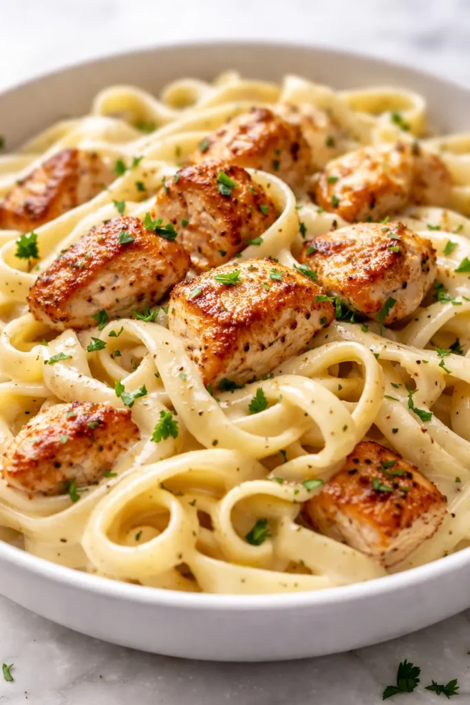 Creamy chicken alfredo pasta with golden chicken pieces, rich white sauce, and fresh parsley on a white plate.
