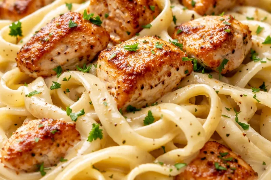 Creamy chicken alfredo pasta with golden chicken pieces, rich white sauce, and fresh parsley on a white plate.