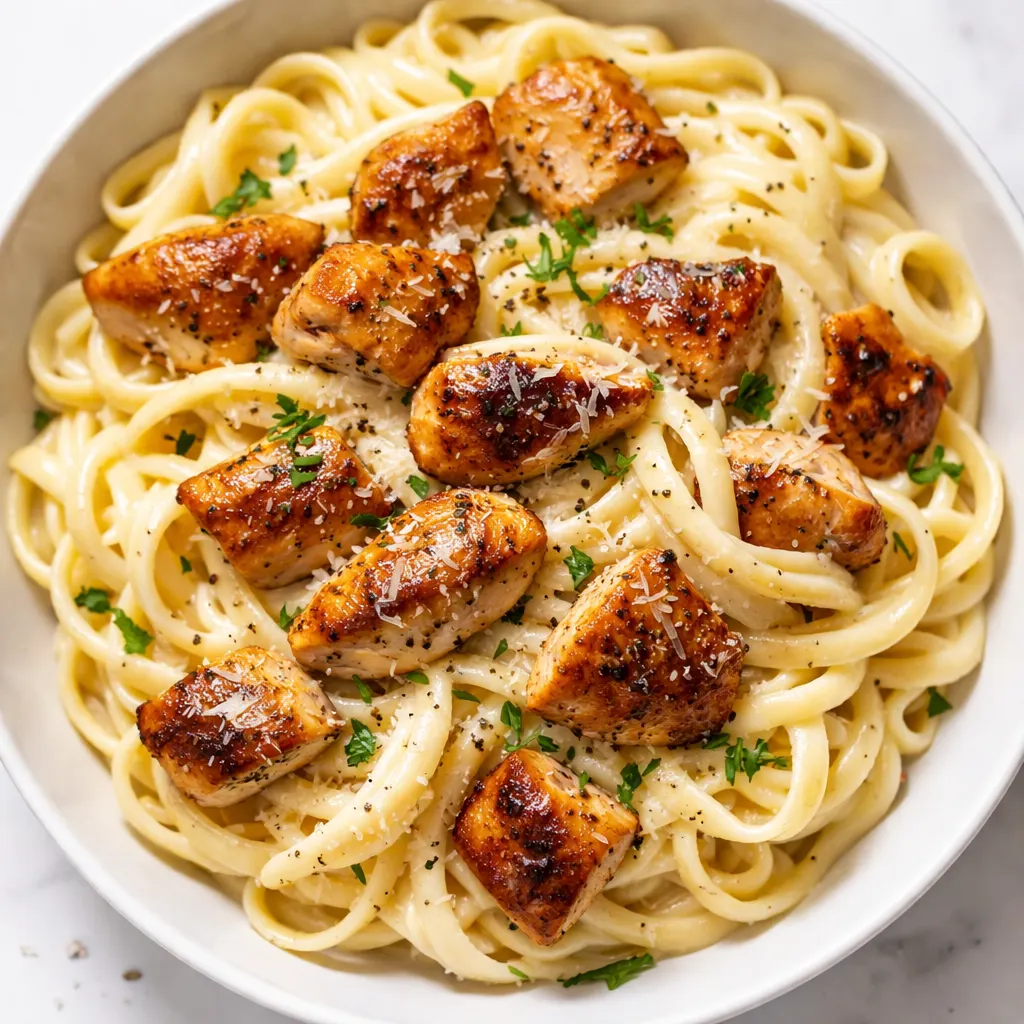 Seared chicken breasts simmering in a creamy alfredo sauce with garlic and herbs in a skillet.