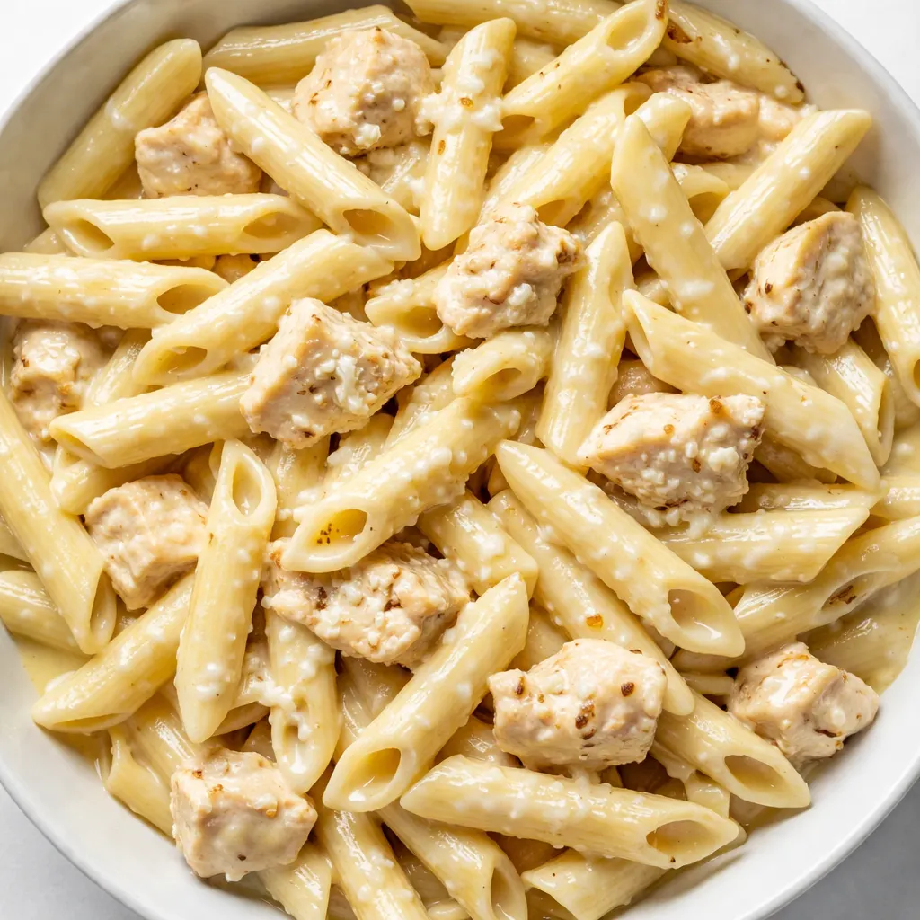 Creamy sauce coating penne pasta and shredded chicken in a pot, golden and thick, not gluey.