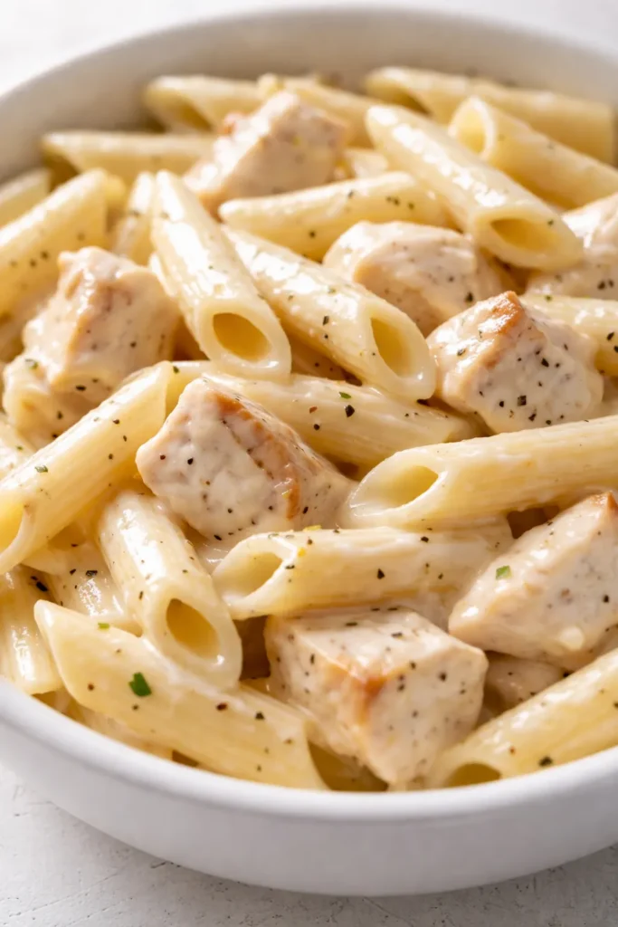 Creamy chicken penne pasta coated in a rich white sauce with tender chicken pieces and fresh parsley garnish.