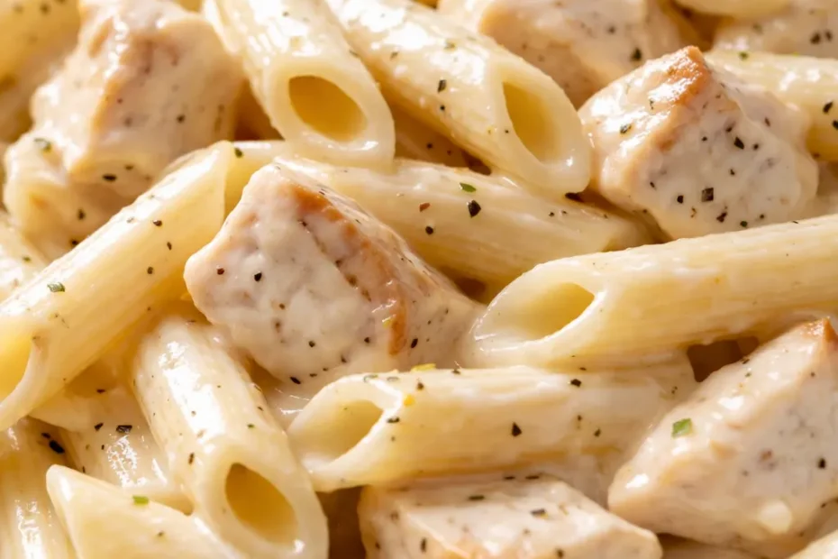 Creamy chicken penne pasta coated in a rich white sauce with tender chicken pieces and fresh parsley garnish.