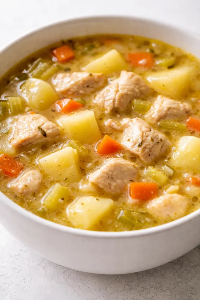 A steaming bowl of creamy chicken potato soup, filled with tender chicken pieces, soft potato cubes, and a light creamy broth, topped with fresh chives.