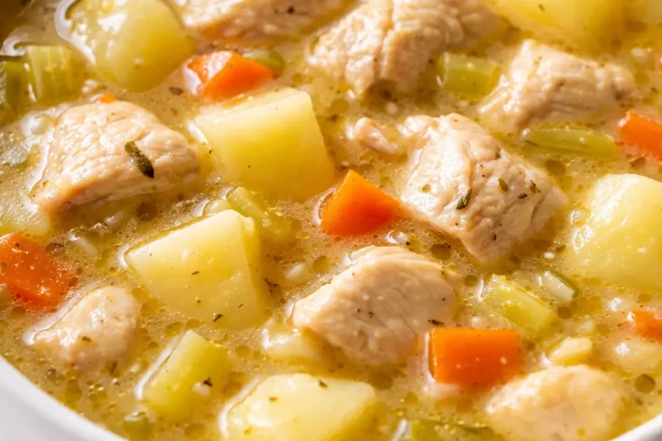 A steaming bowl of creamy chicken potato soup, filled with tender chicken pieces, soft potato cubes, and a light creamy broth, topped with fresh chives.