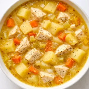 Simmering creamy chicken potato soup in a pot, with tender chicken pieces and potato chunks in a velvety, golden broth.