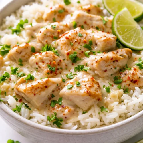 Creamy coconut sauce coats tender chicken and fluffy rice in one-pan bowls, garnished with fresh herbs and colorful toppings.